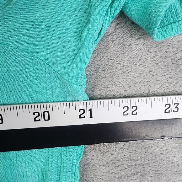 Women's A.N.A Turquoise Lace Yoke Top Blouse Short Sleeve Round Neck Size L - Picture 9 of 11